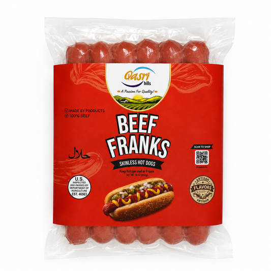 Halal Beef Franks | Skinless Hot Dogs | Qasri Hills
